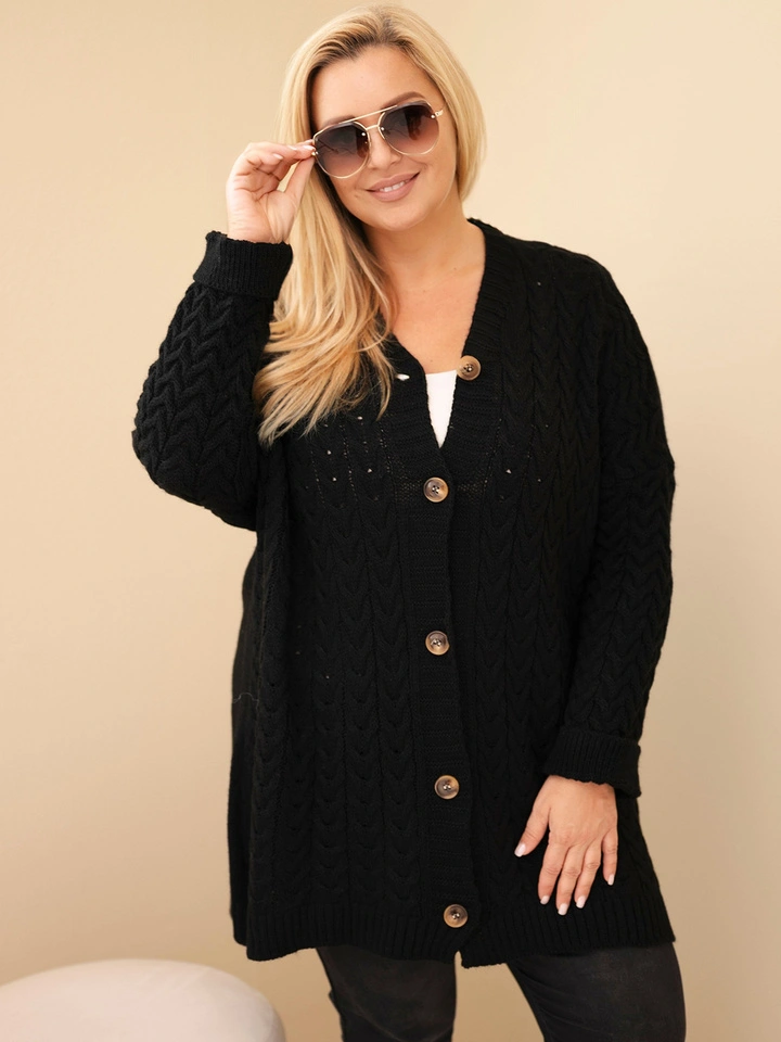 Plus Size women's cardigan with buttons and cable knit pattern black