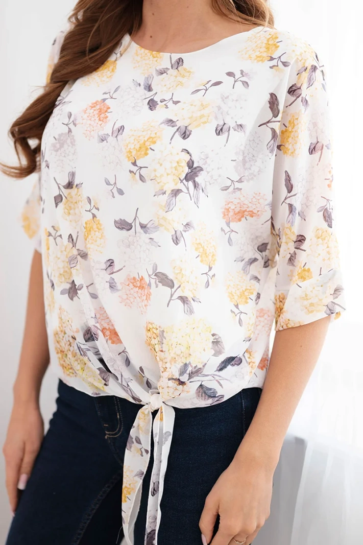 Damenbluse mit Blumenmuster und Bindeband am Saum gelb