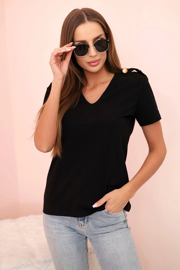 Women's cotton blouse with a V-neck and short sleeves black
