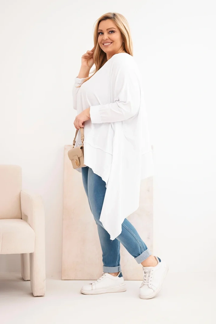 Moteriška Plus Size tunika iš medvilnės su asimetrine apačia balta