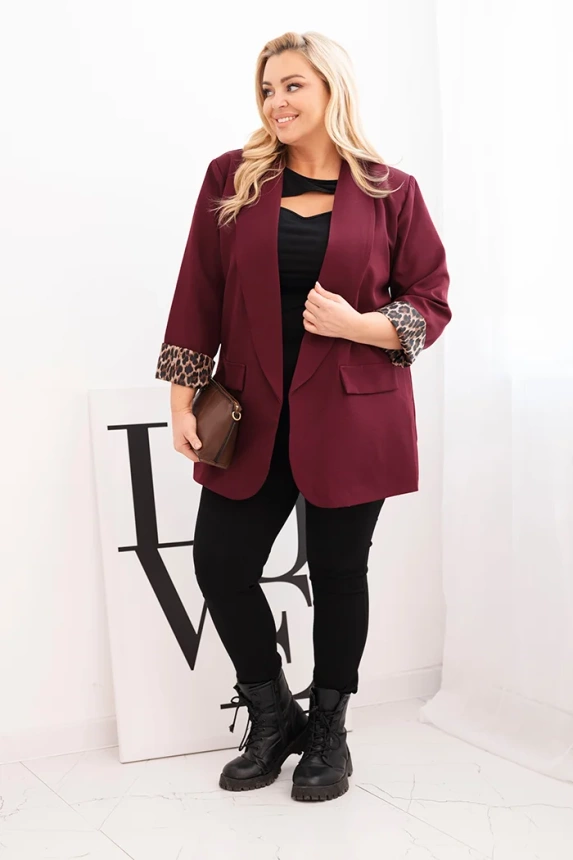 Plus Size women's jacket with plum lining in leopard print purple