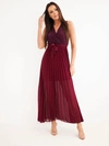 A dress women's long with pleated bottom and tie plum