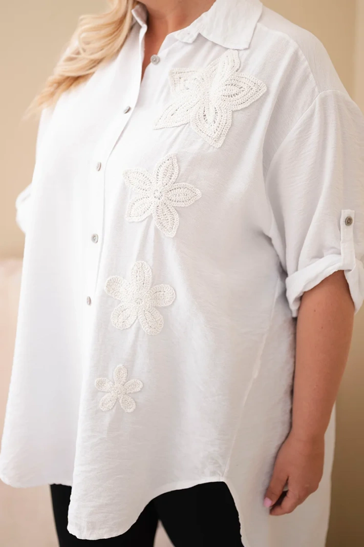Dámska košeľa Plus Size z viskózy s kvetinovým vyšívaním biela