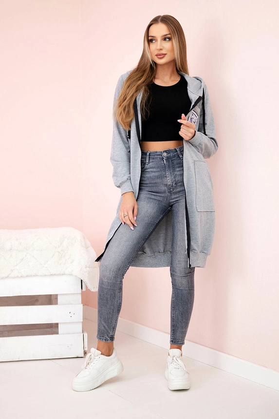 Women's longer sweatshirt with hood and zipper grey