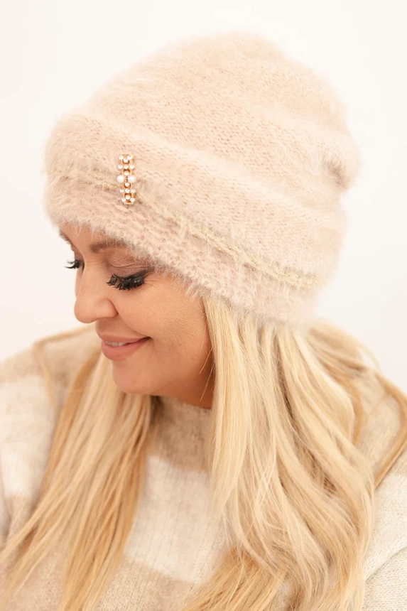 Women's winter fluffy hat with pearls and decorative weave beige