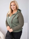 Moteriškas medvilninis džemperis Plus Size su mezginiais rankovėmis ir gobtuvu khaki