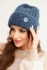 Ladies' ribbed viscose hat fluffy with decorative metal button denim