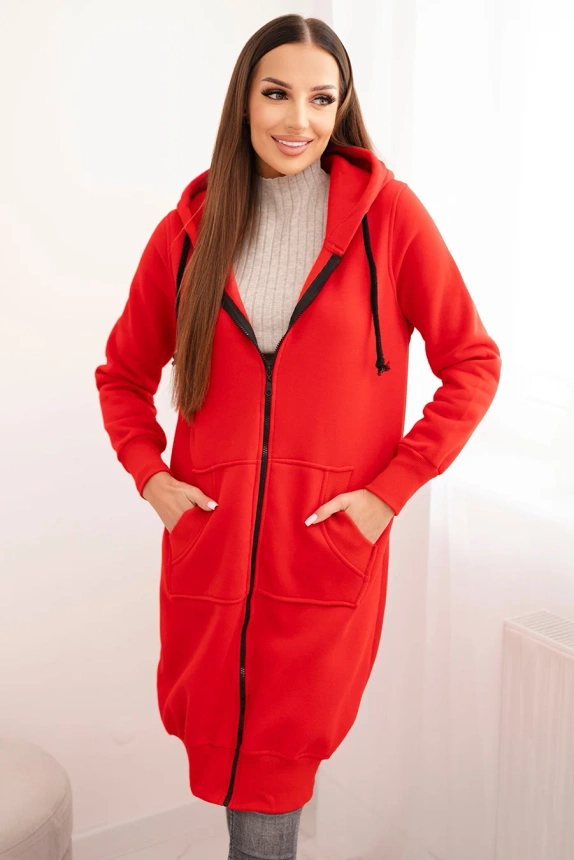 Long insulated sweatshirt with a hood red