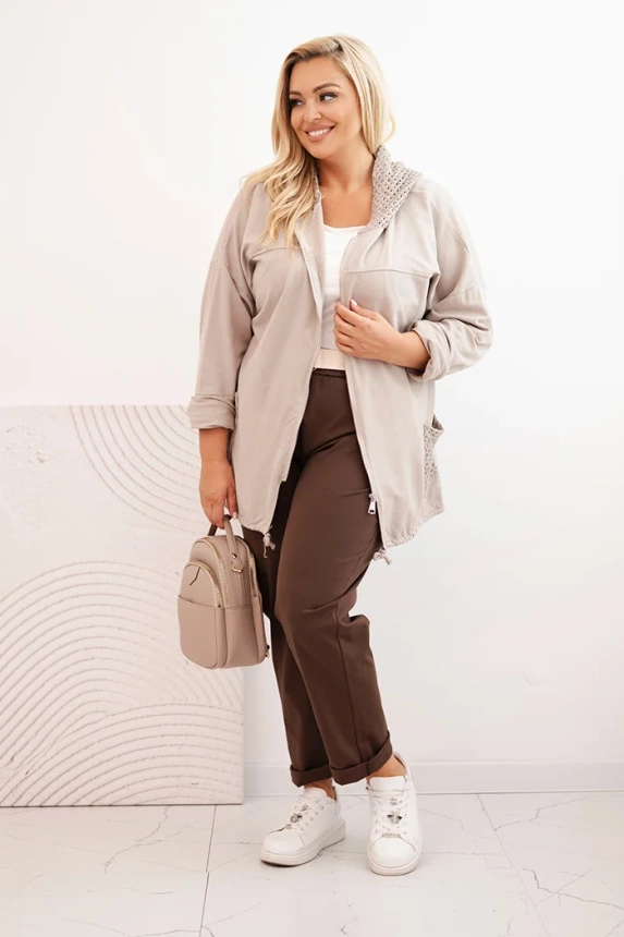 Dámská mikina Plus Size bavlněná oversize s dlouhým rukávem béžová