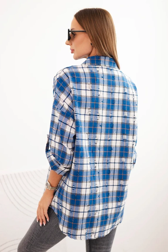 Women's cotton checkered shirt with a distressed effect cornflower blue