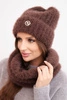 Women's set hat and winter fluffy scarf with decorative emblem black