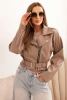Short women's jacket made of eco-leather with a belt and collar fango