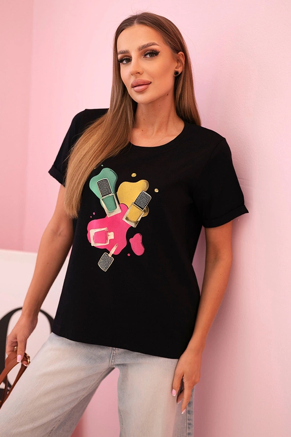 Women's cotton short-sleeve blouse with colorful print black