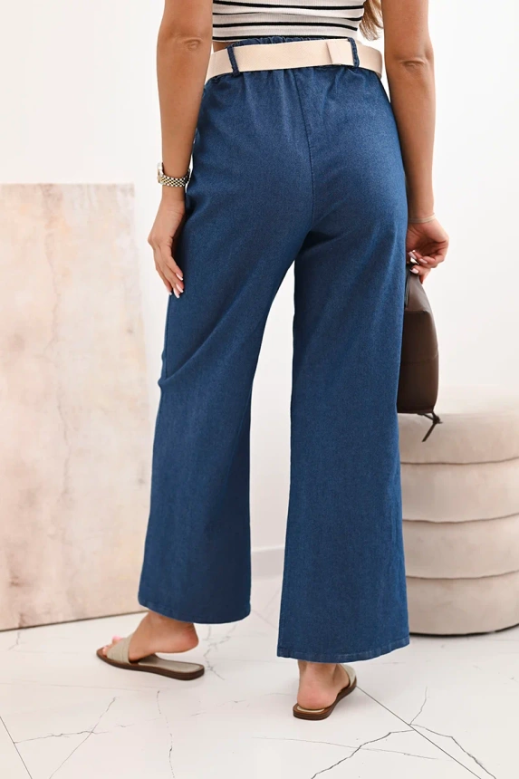 Women's cotton pants with wide legs and a belt - denim