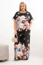 Plus-Size-Damen-Set mit Bluse und geblümter Hose mit weitem Bein schwarz