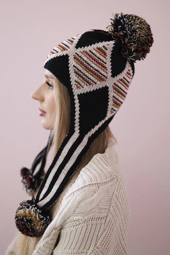 Women's long eared cap Eunika K322 black+beige