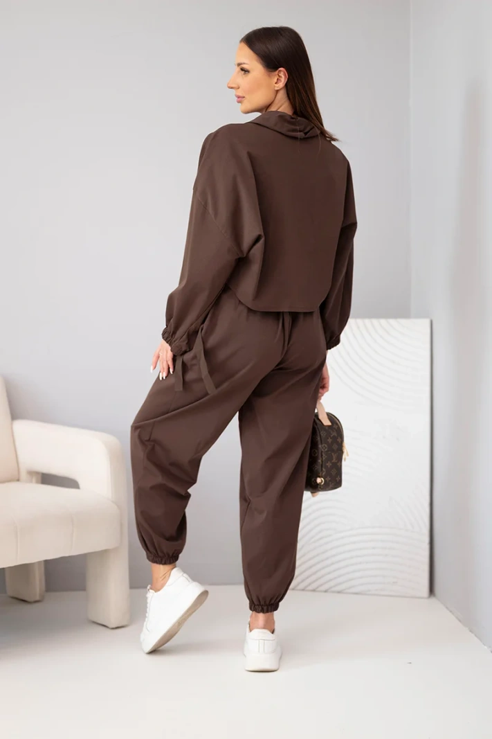 Baumwoll-Damen-Set mit gerafftem Pullover und Hose braun