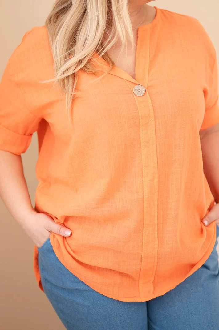 Damen-Baumwollbluse in Übergröße mit geknöpftem Ausschnitt orange