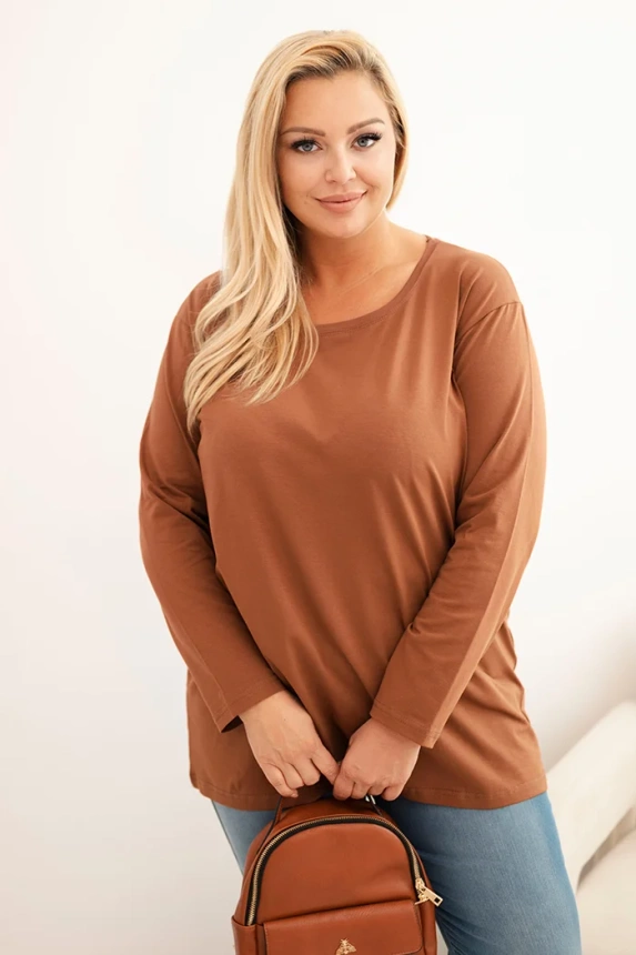 Moteriška Plus Size medvilninė palaidinė su apvaliu iškirpimu kamelinė