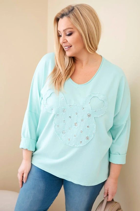 Women's cotton Plus Size blouse with a V-neck mint