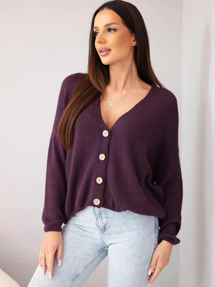 Sweter damski bawełniany oversize na guziki z dekoltem V śliwkowy