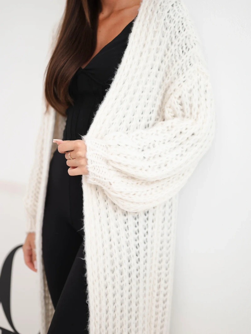 Damen langer durchbrochener Cardigan ohne Verschluss mit weitem Ärmel ecru