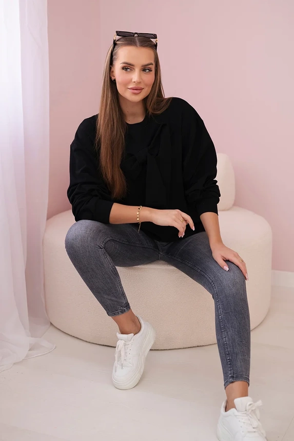 Baumwollbluse mit Schleife schwarz