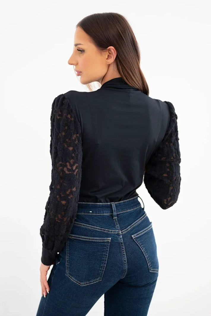 Women's wrap bodysuit blouse with lace sleeves black