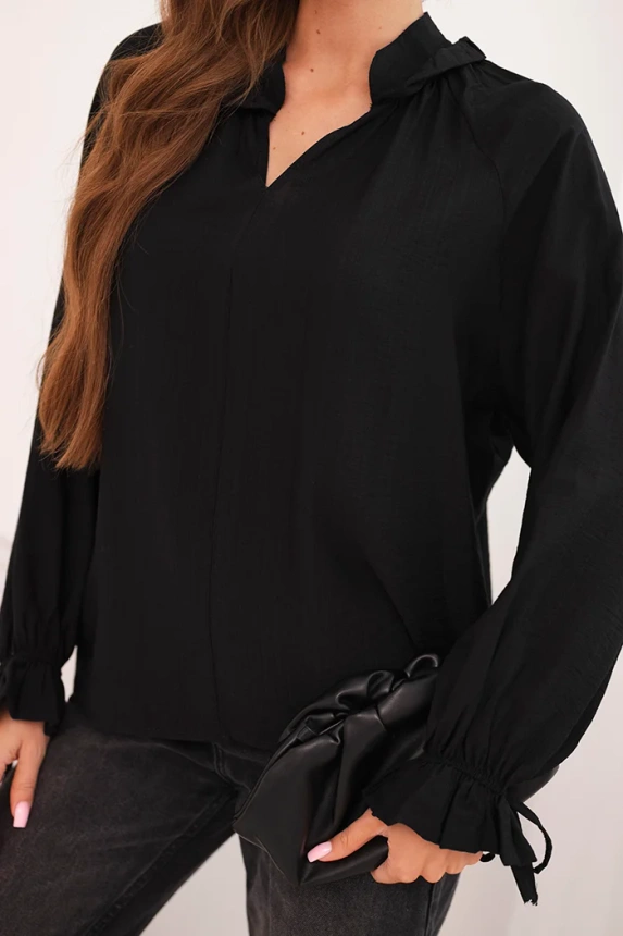 Women's viscose blouse with a V-neck and tie at the sleeves black