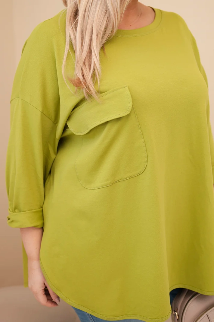 Bluzka damska Plus Size z bawełną z kieszenią i rękawem podwijanym oliwkowa