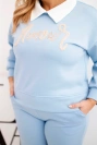 Komplet dámsky maslo Plus Size s širokými nohavicami a golierom modrý