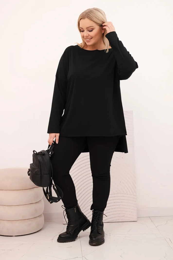 Moteriška Plus Size asimetriška palaidinė su ilgomis rankovėmis juoda