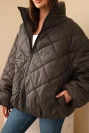 Women's quilted jacket with a high stand collar brown