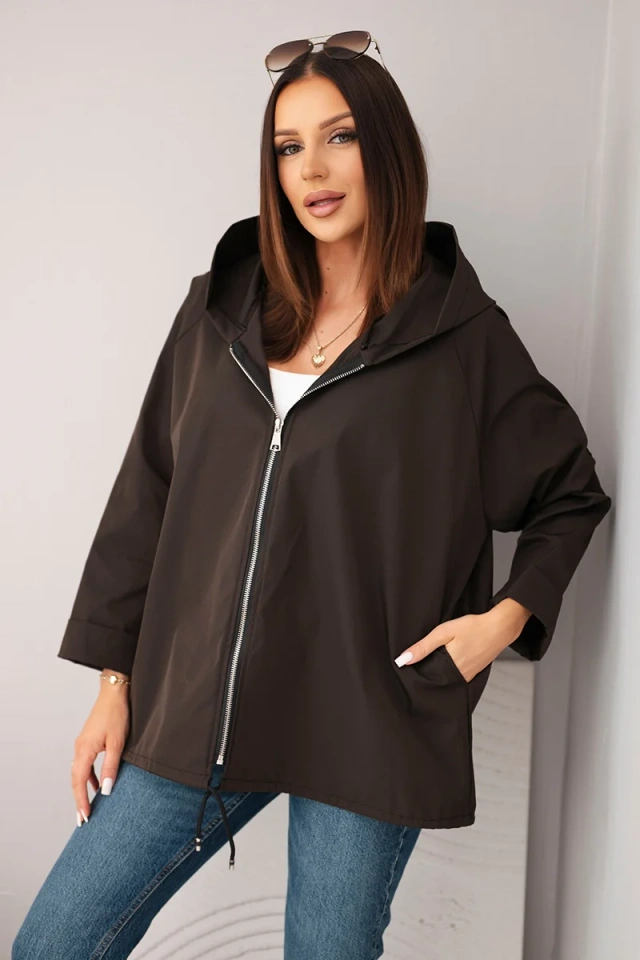 Women's spring jacket with hood and drawstring dark brown
