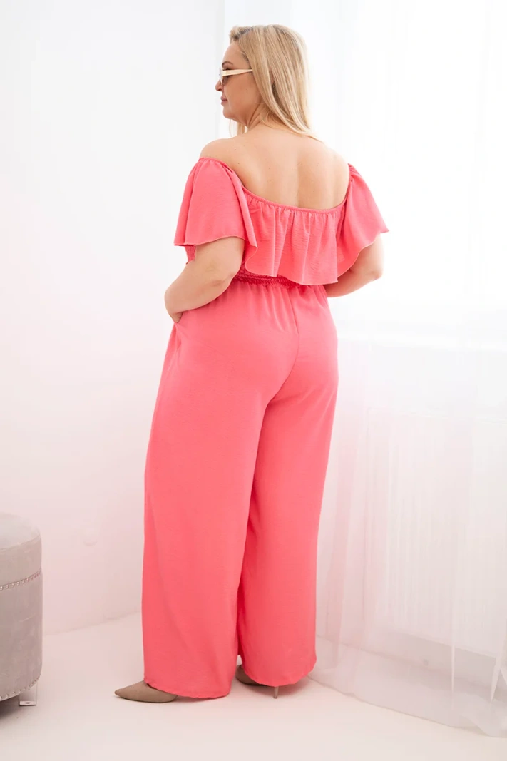 Dámsky overal Plus Size s volánom a krátkym rukávom ružový