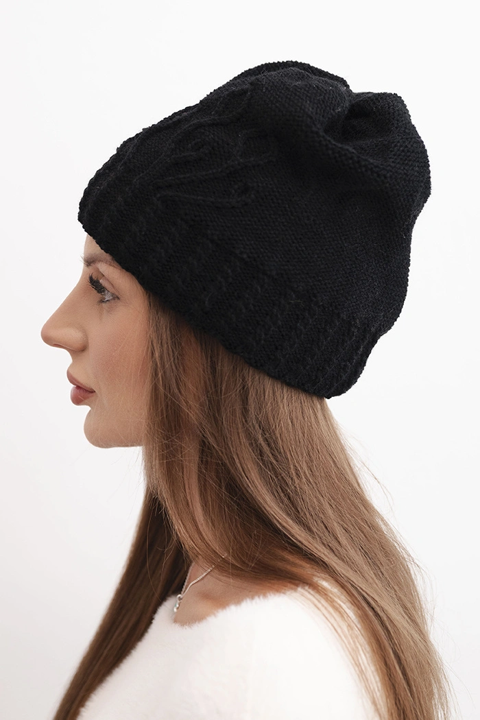 Women's winter wool hat with decorative embossing K474 black