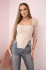 Ribbed blouse with a neckline dark beige