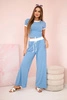 Geripptes Set Bluse + Hose mit weitem Bein blau