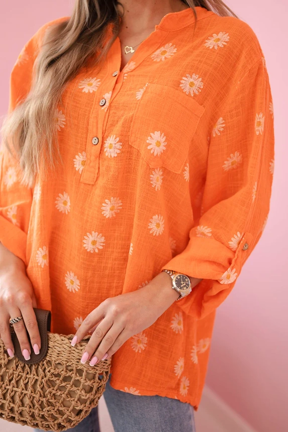 Linen Women's Blouse with Floral Pattern, Long Sleeves, and Buttons Orange