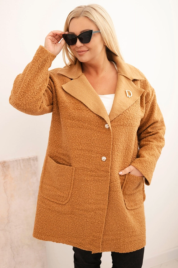 Dámský kabát Plus Size beránek s vlnou a kapsami camelový