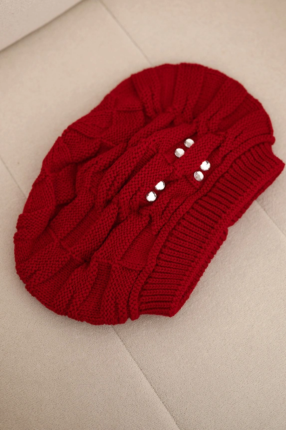 Women's winter wool hat with decorative crystals K399 red