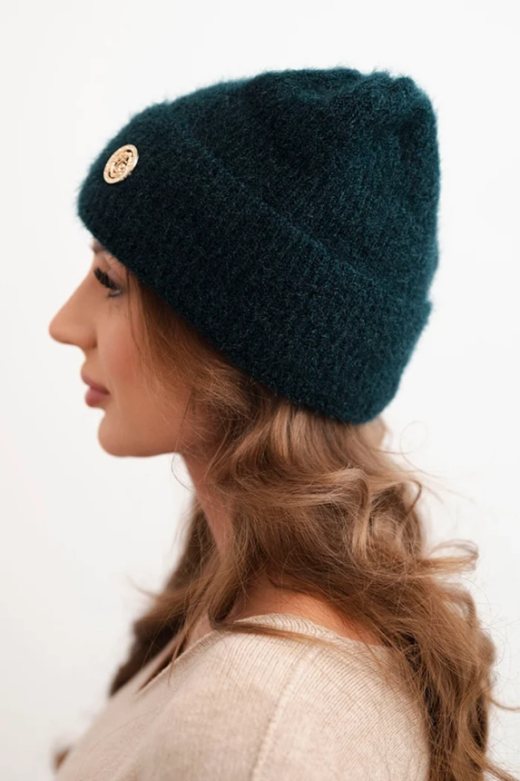 Damen Wintermütze flauschig mit dekorativem Knopf türkis