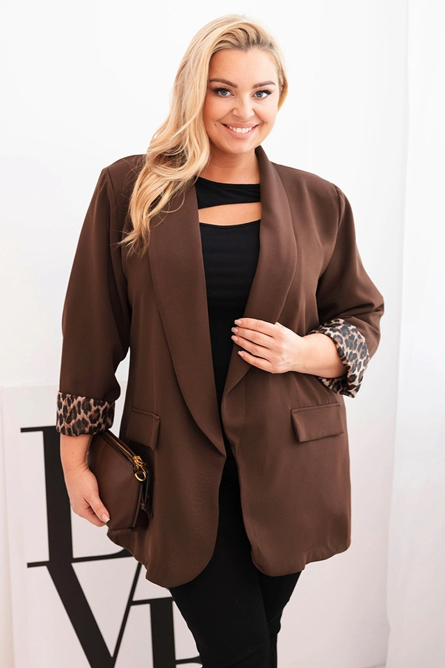 Plus Size women's blazer with leopard lining brown
