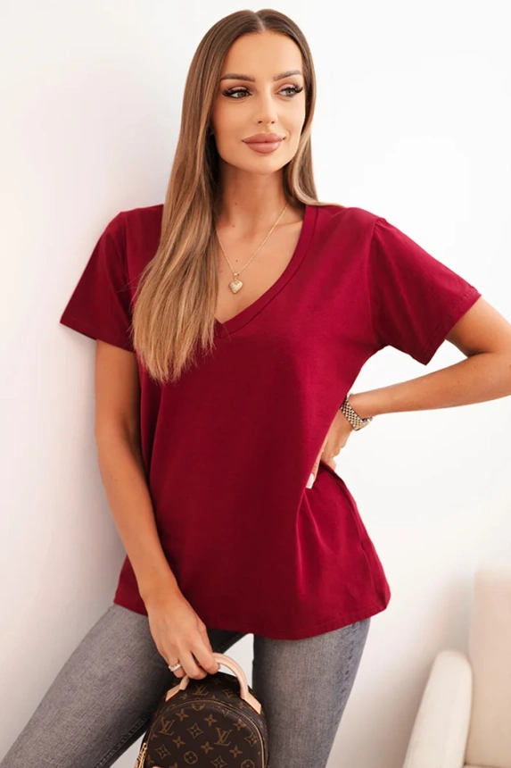 Women's cotton blouse with a V-neck and short sleeves burgundy