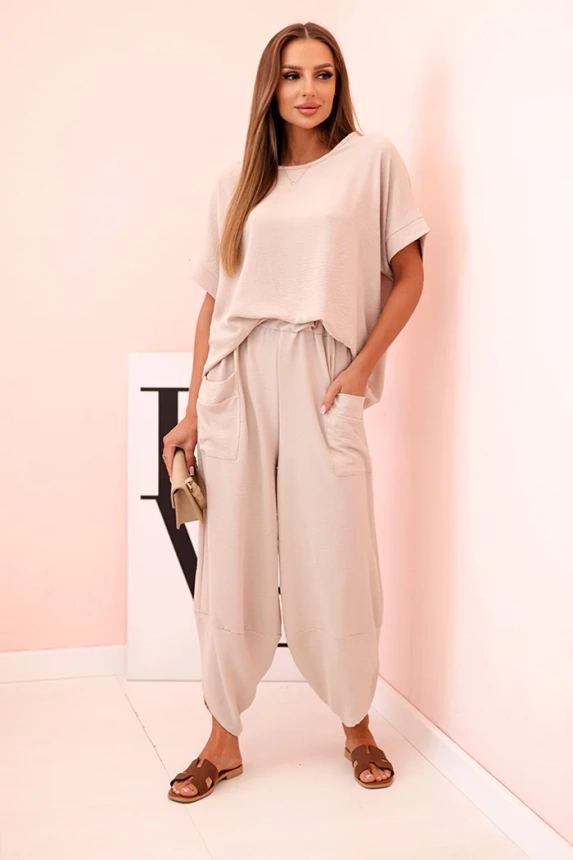 Set aus Viskose Bluse + Hose dunkelbeige