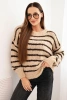 Sweter damski w paski z wełną o luźnym kroju ciemno beżowy