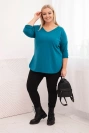 Women's cotton Plus Size blouse with a V-neck and rolled-up sleeves sea green