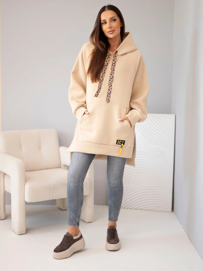 Damen-Oversize-Sweatshirt aus Baumwolle mit Kapuze und Tasche beige