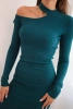 Women's knitted dress with long sleeves and an asymmetrical neckline sea green