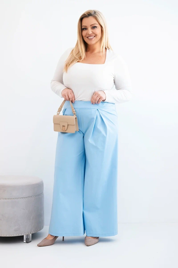 Plus Size women's trousers with wide legs and pleating blue